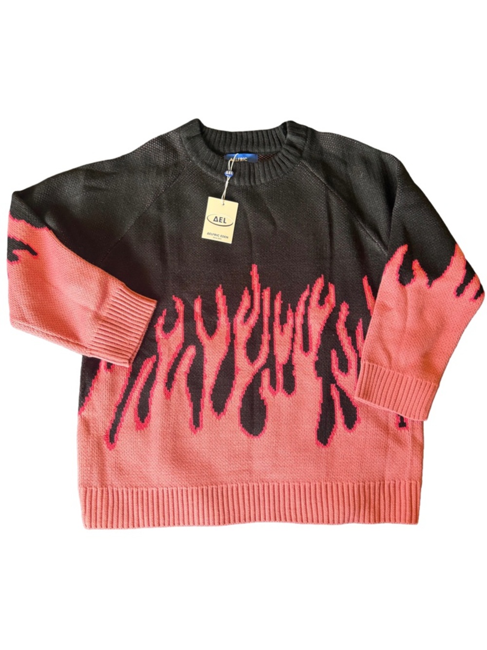 Aelfric Eden Men’s Black Sweater with Pink Flames- size XL NWT
